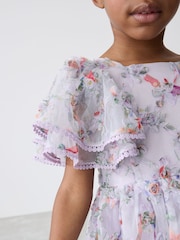 Baker by Ted Baker Purple Textured Floral Print Mesh Dress - Image 4 of 11