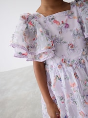 Baker by Ted Baker Purple Textured Floral Print Mesh Dress - Image 5 of 11