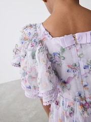 Baker by Ted Baker Purple Textured Floral Print Mesh Dress - Image 7 of 11