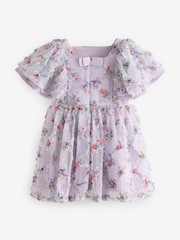 Baker by Ted Baker Purple Textured Floral Print Mesh Dress - Image 9 of 11
