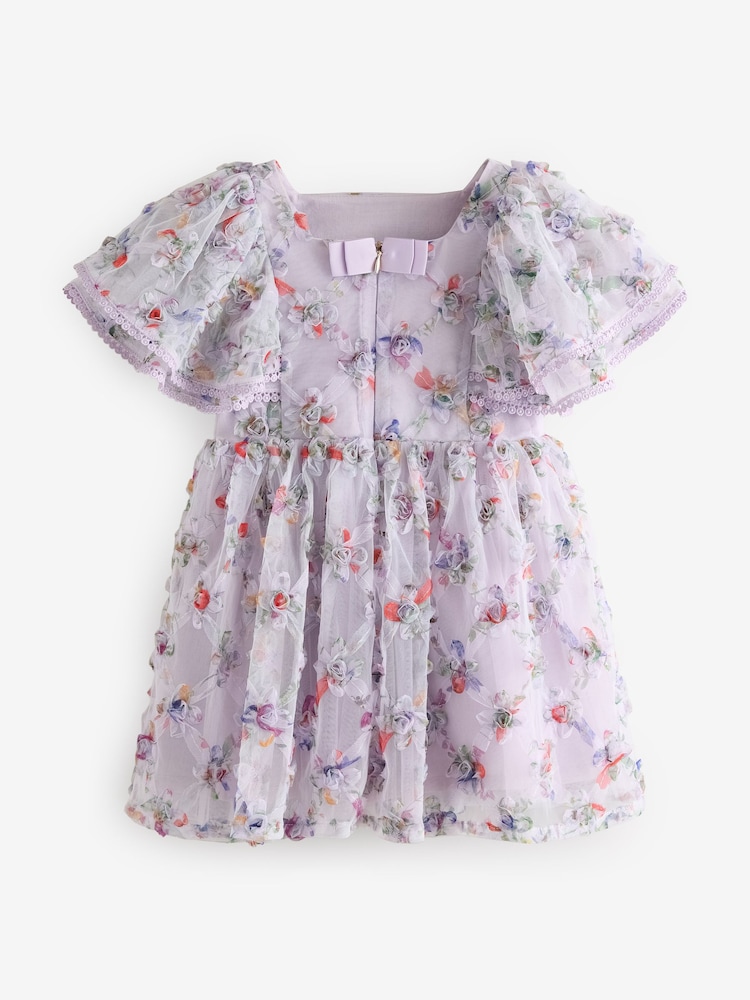 Baker by Ted Baker Purple Textured Floral Print Mesh Dress - Image 9 of 11