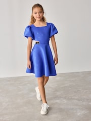 Baker by Ted Baker Blue Branded Waistband Embossed Scuba Dress - Image 4 of 11