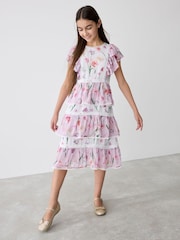 Baker by Ted Baker Pink Floral Print Tiered Midi Dress - Image 1 of 13