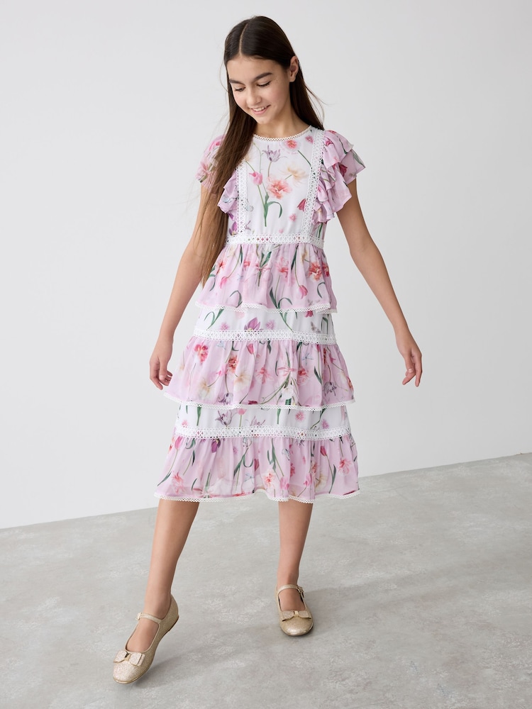 Baker by Ted Baker Pink Floral Print Tiered Midi Dress - Image 1 of 13