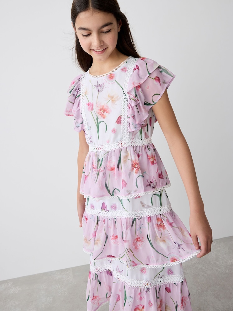 Baker by Ted Baker Pink Floral Print Tiered Midi Dress - Image 2 of 13