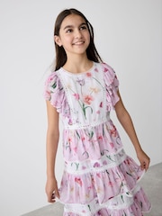 Baker by Ted Baker Pink Floral Print Tiered Midi Dress - Image 3 of 13