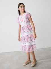 Baker by Ted Baker Pink Floral Print Tiered Midi Dress - Image 4 of 13