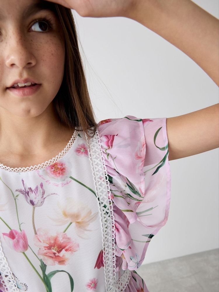 Baker by Ted Baker Pink Floral Print Tiered Midi Dress - Image 6 of 13