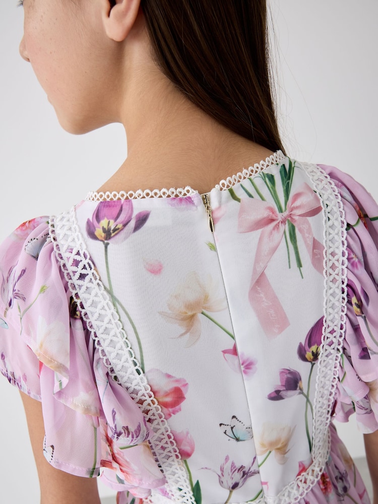 Baker by Ted Baker Pink Floral Print Tiered Midi Dress - Image 8 of 13