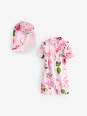 Baker by Ted Baker 2 Piece Pink Floral Swimsuit and Sunsafe Hat Set - Image 1 of 5