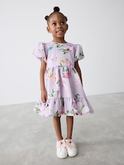 Baker by Ted Baker Purple Textured Floral Print Puff Sleeve Dress - Image 1 of 12