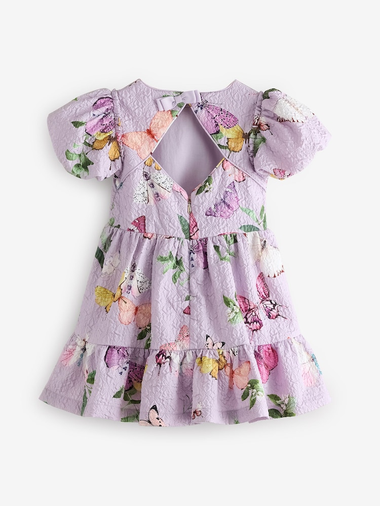 Baker by Ted Baker Purple Textured Floral Print Puff Sleeve Dress - Image 10 of 12