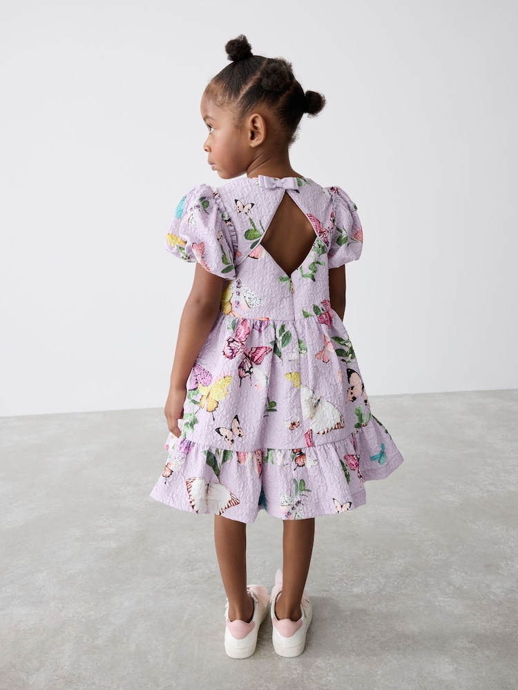 Baker by Ted Baker Purple Textured Floral Print Puff Sleeve Dress - Image 2 of 12