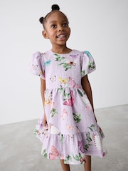 Baker by Ted Baker Purple Textured Floral Print Puff Sleeve Dress - Image 3 of 12