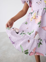 Baker by Ted Baker Purple Textured Floral Print Puff Sleeve Dress - Image 7 of 12