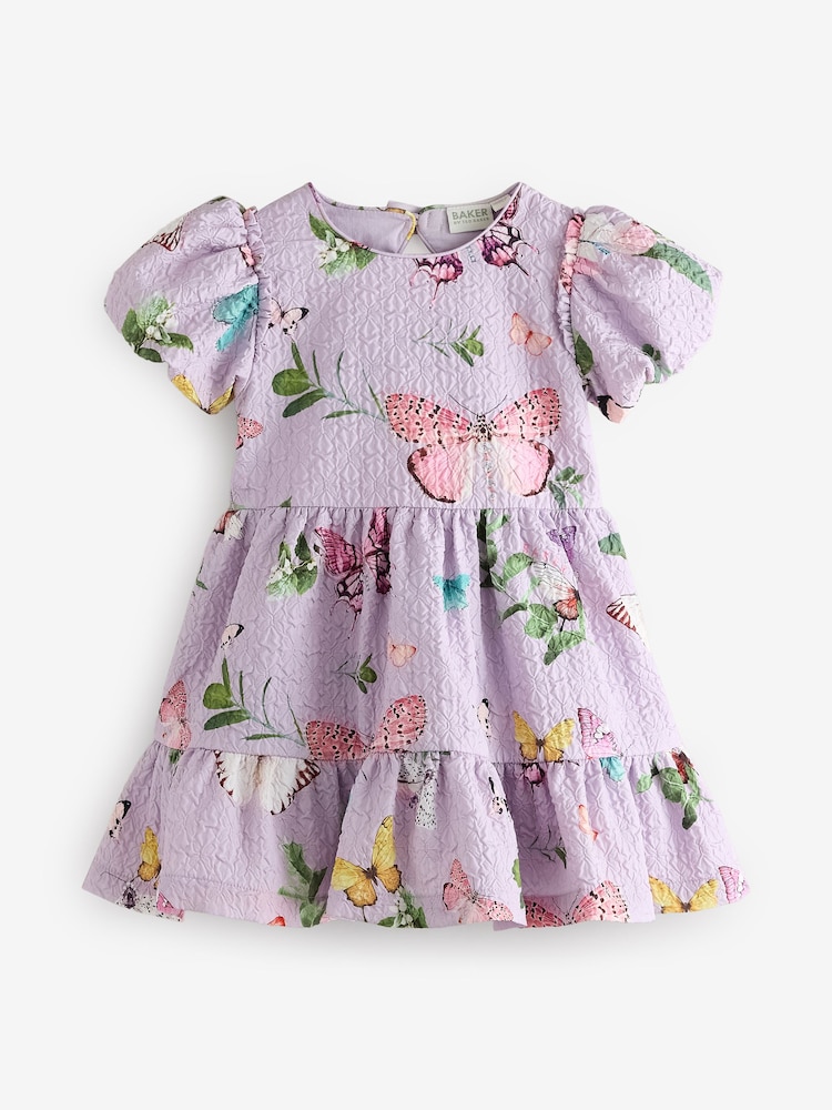Baker by Ted Baker Purple Textured Floral Print Puff Sleeve Dress - Image 9 of 12
