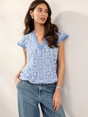 William Morris Blue/White Print Short Sleeve Lace V-Neck Bubblehem 100% Cotton Top - Image 1 of 7