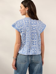 William Morris Blue/White Print Short Sleeve Lace V-Neck Bubblehem 100% Cotton Top - Image 2 of 7