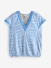 William Morris Blue/White Print Short Sleeve Lace V-Neck Bubblehem 100% Cotton Top - Image 5 of 7