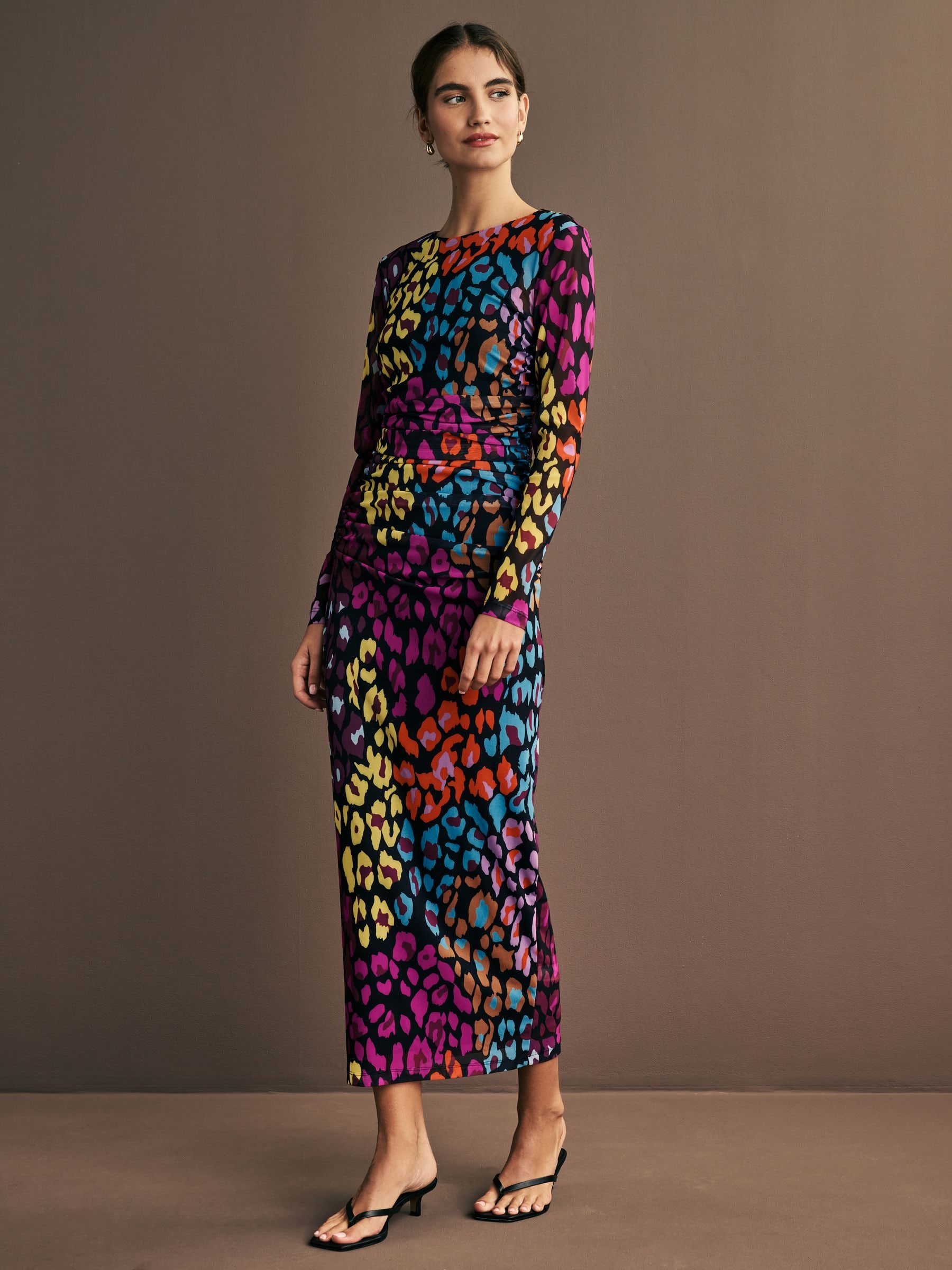 Bright Multi Animal Print Mesh Long Sleeves Maxi Dress