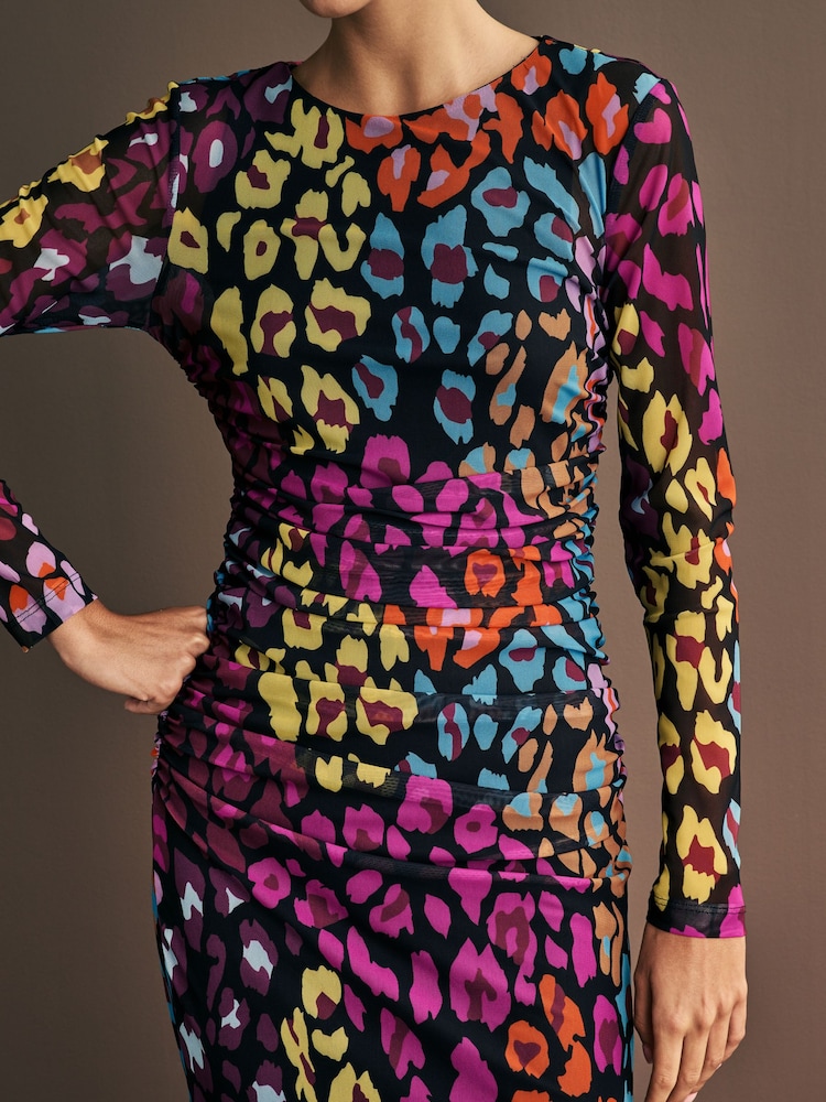 Bright Multi Animal Print Long Sleeve Placement Floral Mesh Maxi Dress - Image 4 of 7