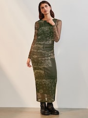 Khaki Green Scarf Print Long Sleeve Placement Floral Mesh Maxi Dress - Image 2 of 7