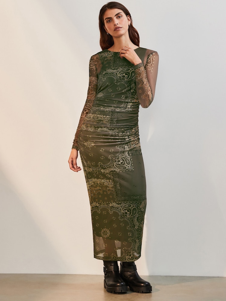 Khaki Green Scarf Print Long Sleeve Placement Floral Mesh Maxi Dress - Image 2 of 7
