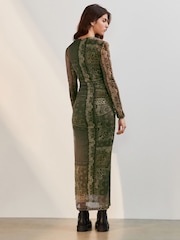 Khaki Green Scarf Print Long Sleeve Placement Floral Mesh Maxi Dress - Image 3 of 7