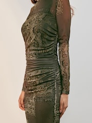 Khaki Green Scarf Print Long Sleeve Placement Floral Mesh Maxi Dress - Image 4 of 7