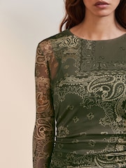 Khaki Green Scarf Print Long Sleeve Placement Floral Mesh Maxi Dress - Image 5 of 7