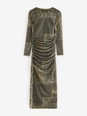 Khaki Green Scarf Print Long Sleeve Placement Floral Mesh Maxi Dress - Image 6 of 7