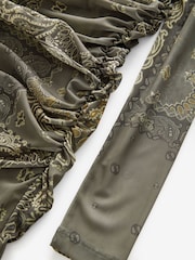 Khaki Green Scarf Print Long Sleeve Placement Floral Mesh Maxi Dress - Image 7 of 7