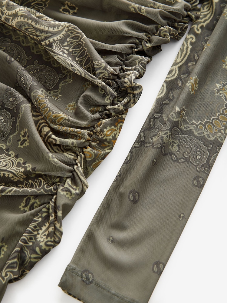 Khaki Green Scarf Print Long Sleeve Placement Floral Mesh Maxi Dress - Image 7 of 7