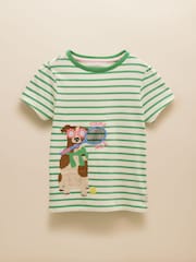 Joules Astra Green Stripe Dog Applique Cotton T-Shirt - Image 1 of 4