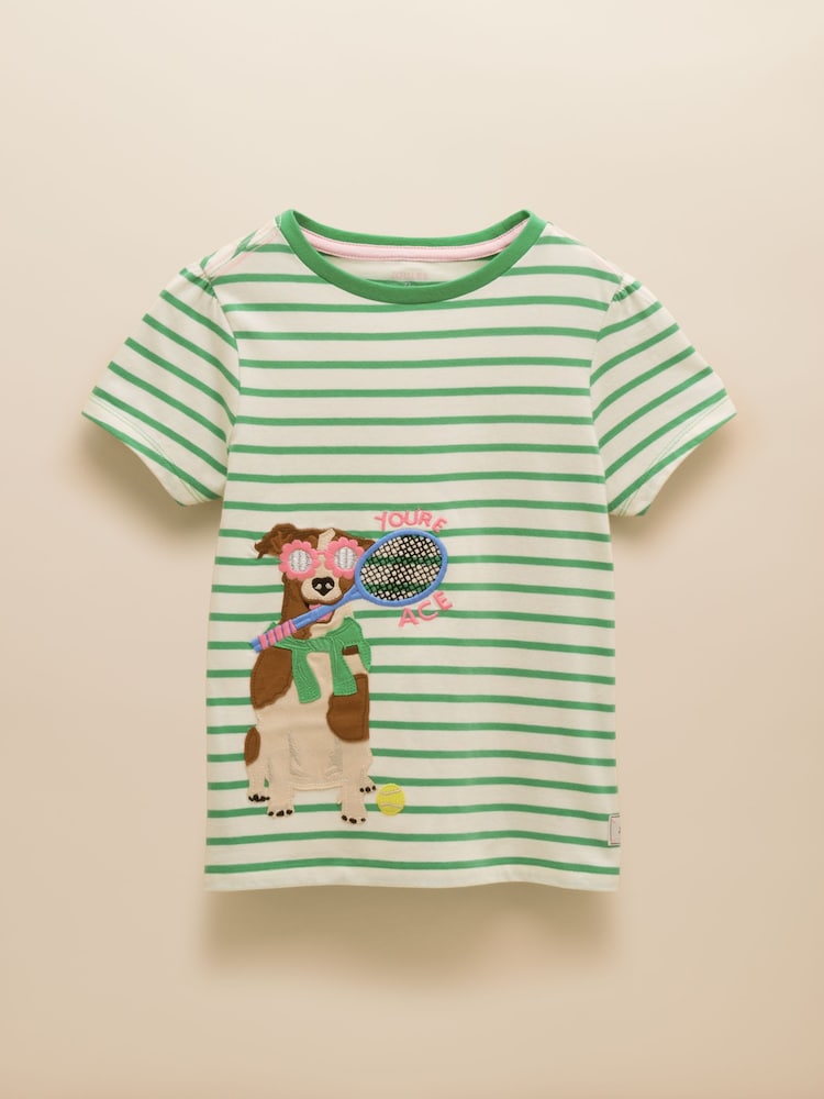 Joules Astra Green Stripe Dog Applique Cotton T-Shirt - Image 1 of 4