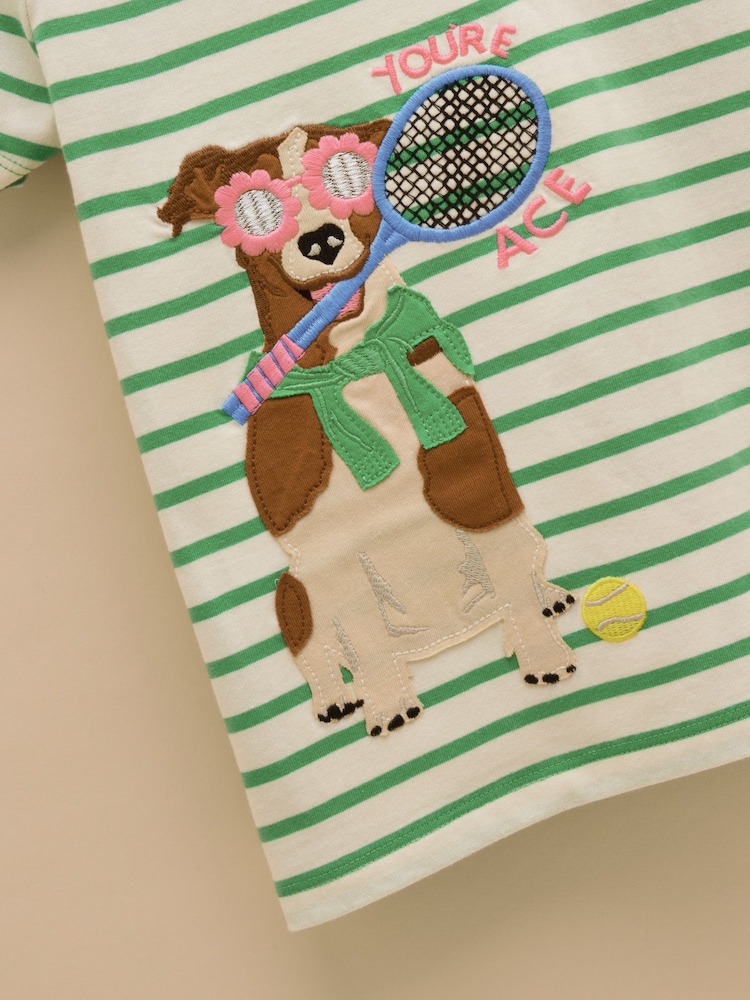 Joules Astra Green Stripe Dog Applique Cotton T-Shirt - Image 3 of 4