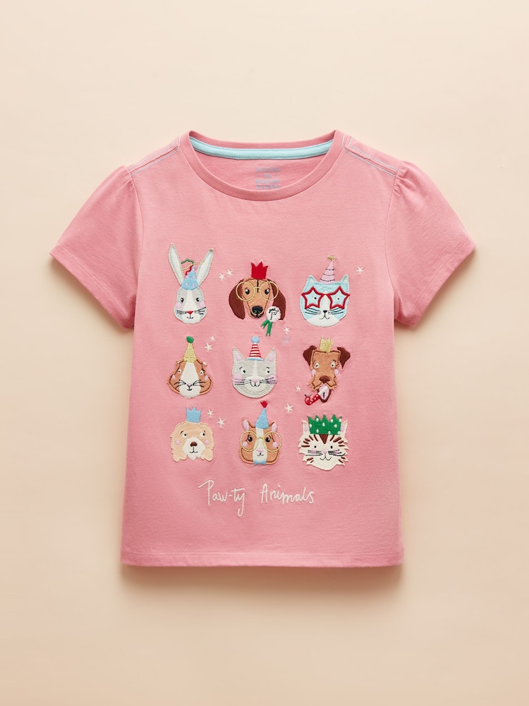 Joules Astra Pink Animal Applique Cotton T-Shirt - Image 3 of 7