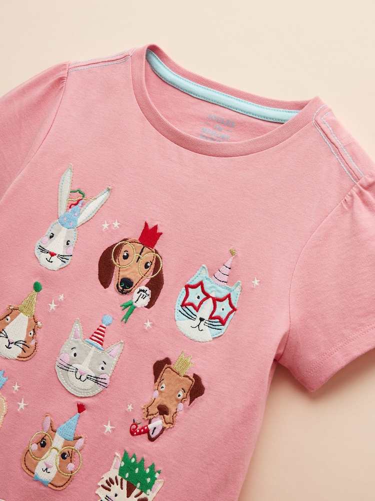 Joules Astra Pink Animal Applique Cotton T-Shirt - Image 5 of 7