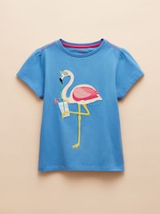 Joules Astra Blue Flamingo Applique Cotton T-Shirt - Image 1 of 5