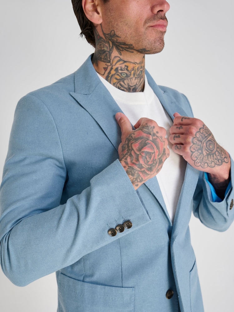 Harry Brown Blue Slim Fit Chris Linen Cotton Blend Single Breasted Suit Blazer - Image 9 of 11
