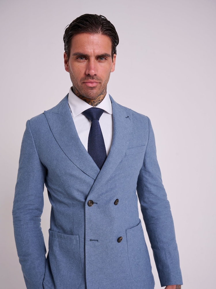 Harry Brown Blue Slim Fit Oliver Linen Cotton Blend Double Breasted Suit: Blazer - Image 4 of 10