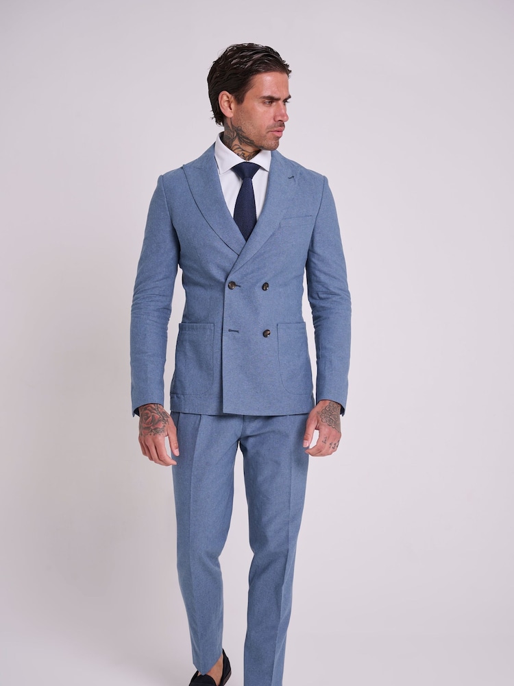 Harry Brown Blue Slim Fit Oliver Linen Cotton Blend Double Breasted Suit: Blazer - Image 6 of 10