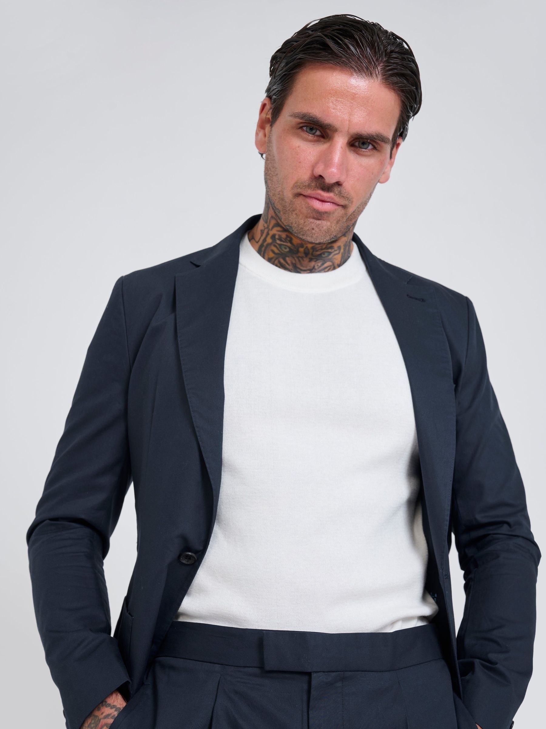 Harry Brown Mid Blue Slim Fit Paper Touch Cotton Single Breasted Suit:  Blazer