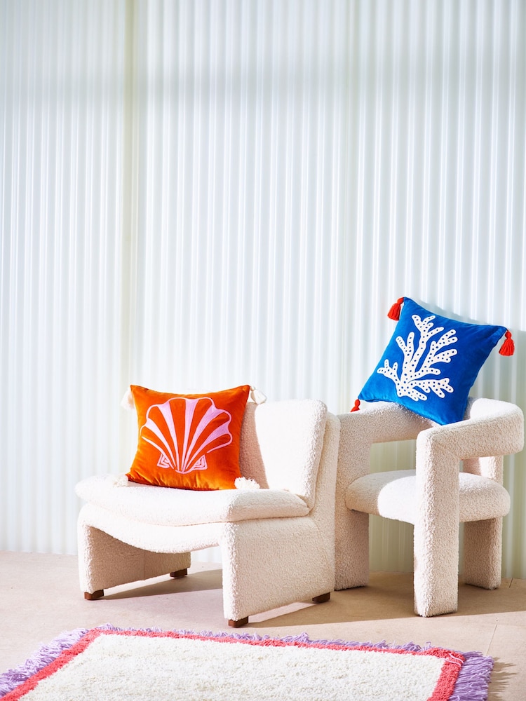Oliver Bonas Orange Embroidered Shell Velvet Cushion Cover - Image 1 of 4