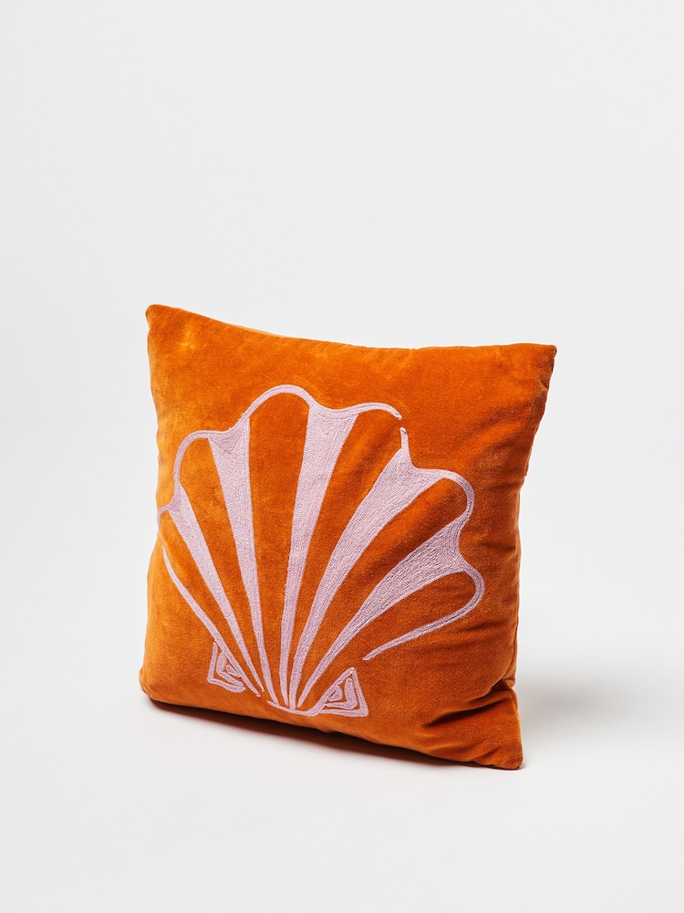 Oliver Bonas Orange Embroidered Shell Velvet Cushion Cover - Image 2 of 4