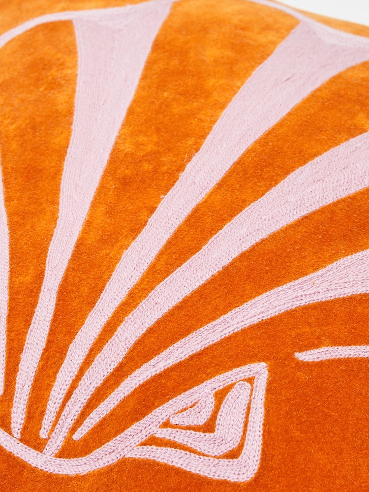 Oliver Bonas Orange Embroidered Shell Velvet Cushion Cover - Image 4 of 4