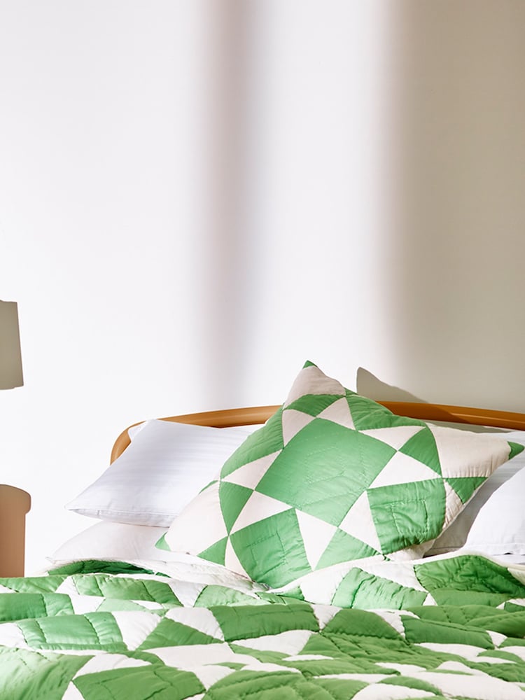 Oliver Bonas Green Kaira 100% Cotton Patchwork Cushion Cover - Image 1 of 3
