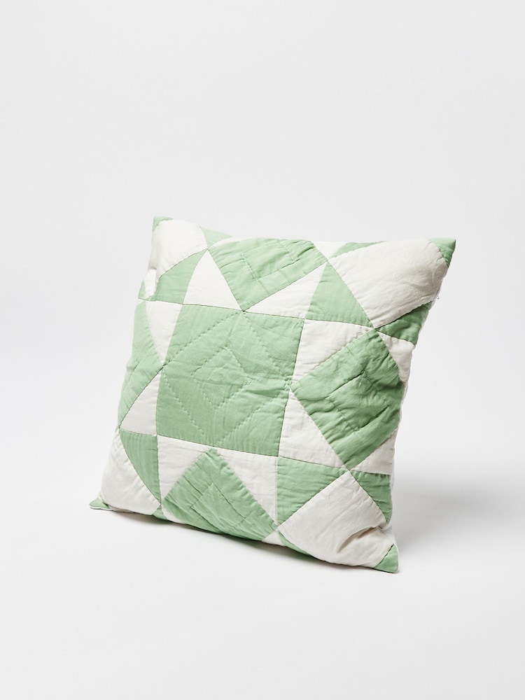 Oliver Bonas Green Kaira 100% Cotton Patchwork Cushion Cover - Image 2 of 3