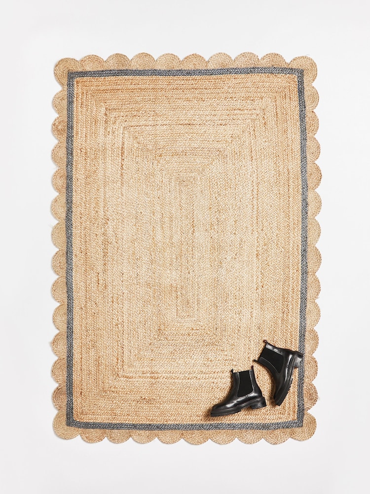 Oliver Bonas Charcoal Grey/Blue Scalloped Jute Border Rug - Image 1 of 4