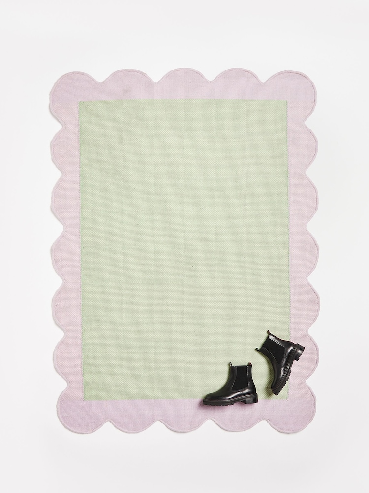 Oliver Bonas Green/Lilac Purple Cecily Handwoven Scalloped Wool and Cotton Rug - Image 1 of 4